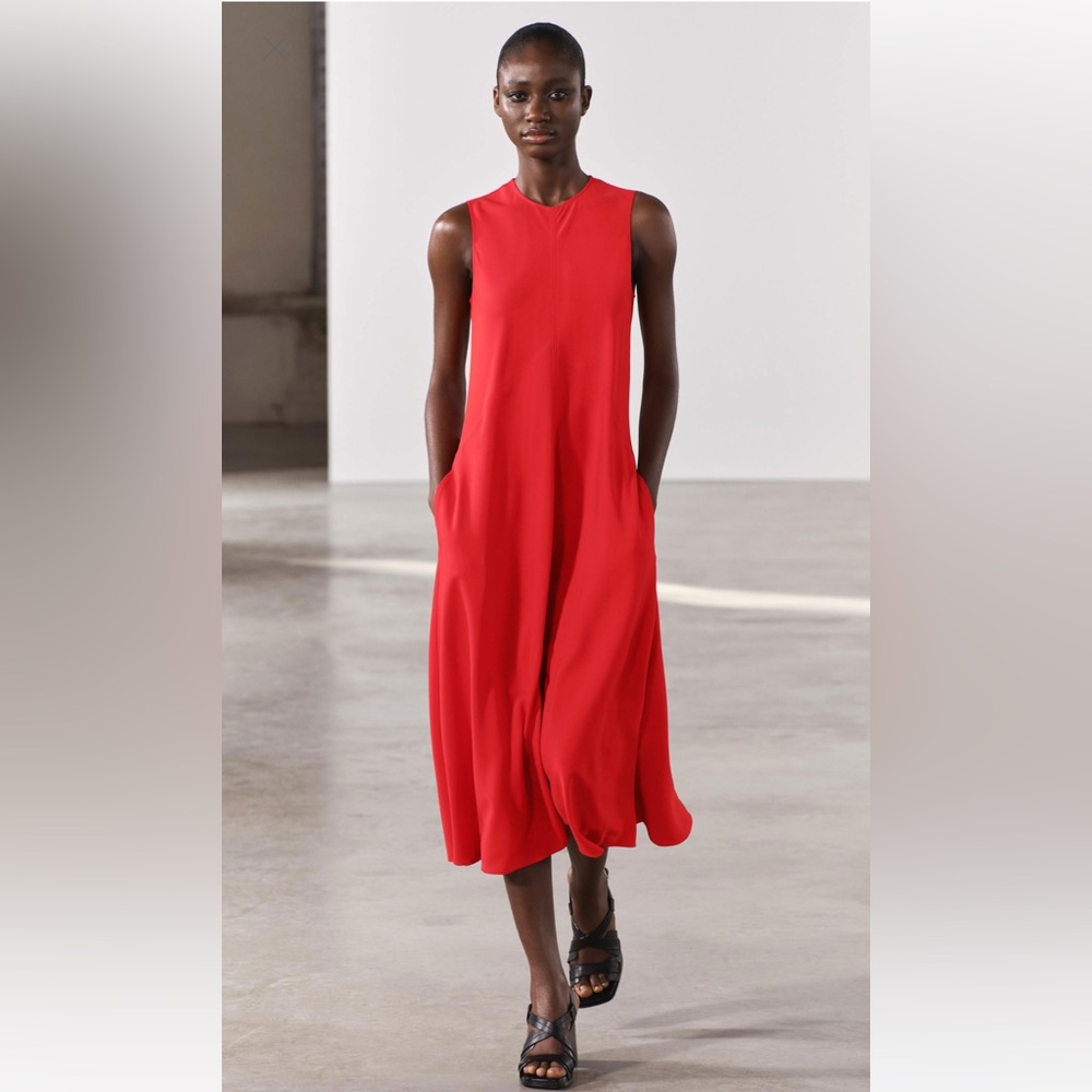 NWT ZARA ZW Collection Pocket Midi Dress - Size Medium - Red